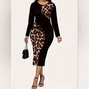 TEMU Black and Brown Asymmetrical Long Sleeve Sheath Dress Size 1XL
